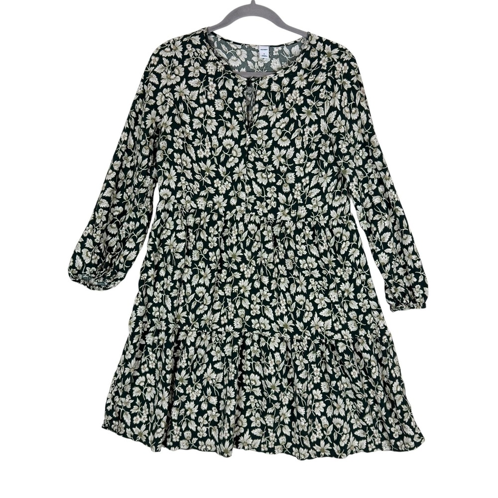 Old Navy Dress Womens‎ Small Green Floral Long Sleeve Tiered Swing Knee Length